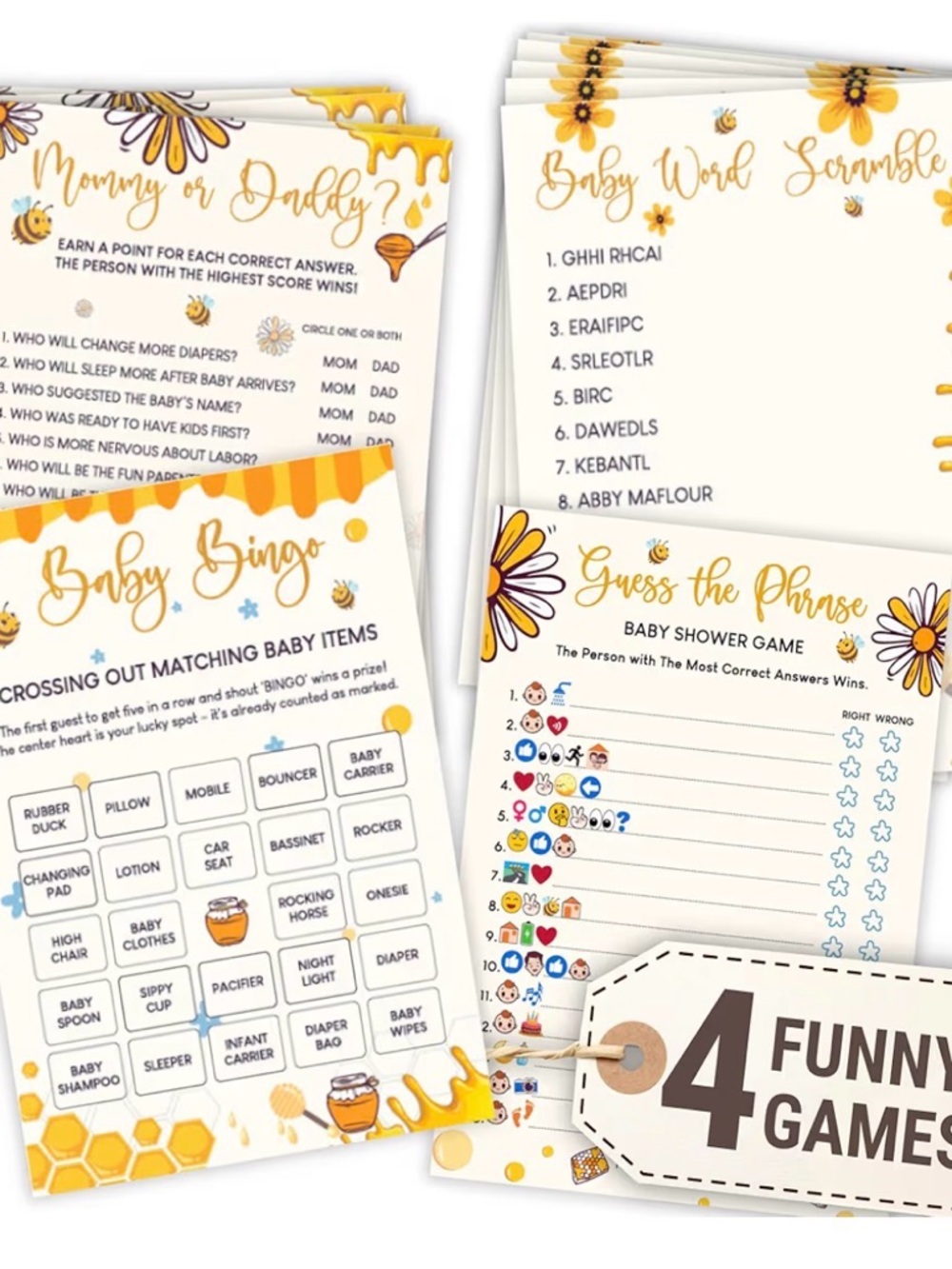 Bumble Bee Baby Shower Games for Girl Boy - 4 Funny Party Games NWT